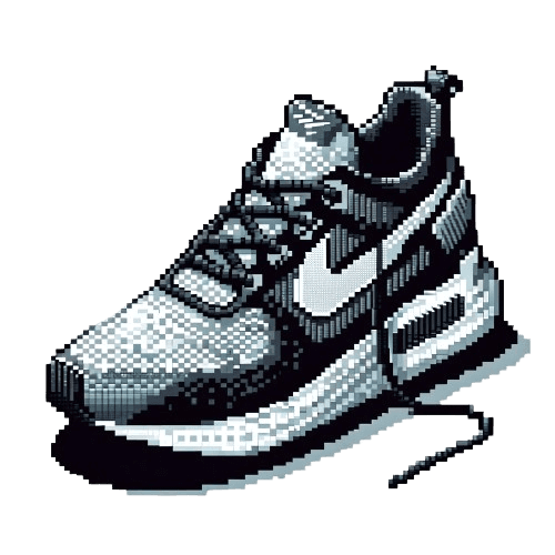 A pixel art representation of an athletic shoe inspired by a popular style similar to Nike shoes in an isometric view.